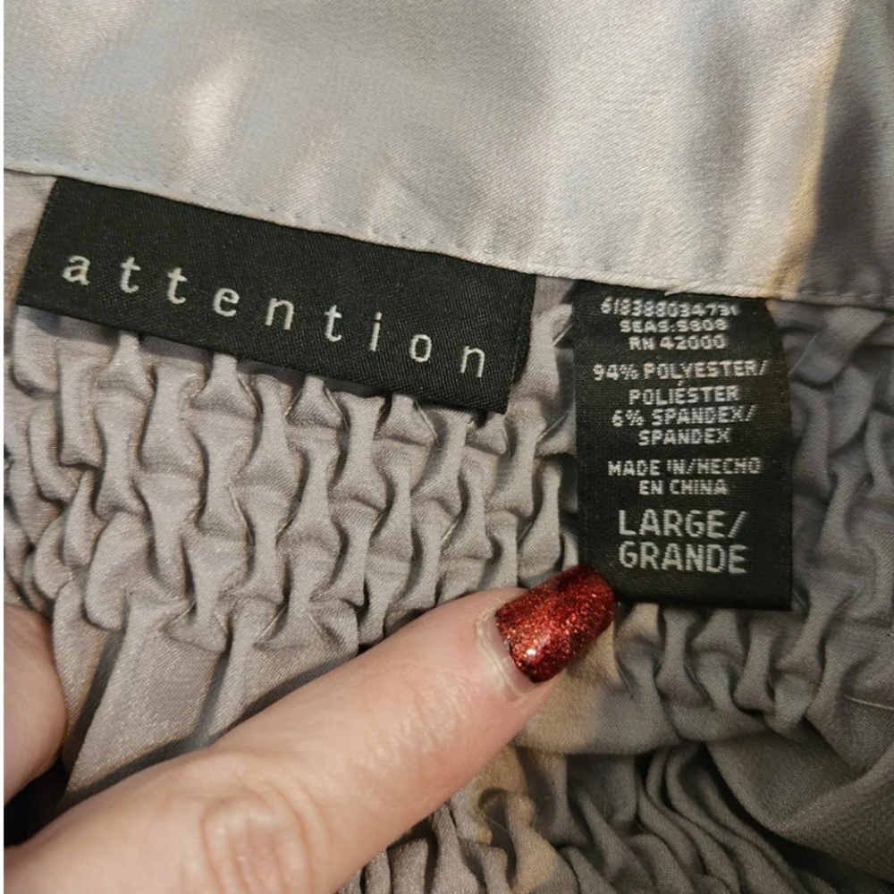 Attention Y2K Pewter Metallic Puff Sleeve Tie Neck Botton Up Blouse Size Large - Picture 8 of 8